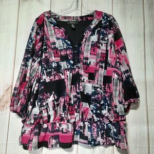 Style & Co Pink Abstract Print 3/4‎ Sleeve Blouse Top Plus Size 2X